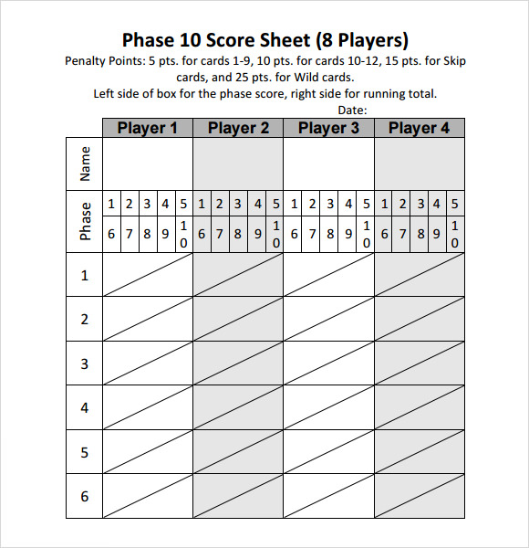 Phase 10 Printable Score Sheet