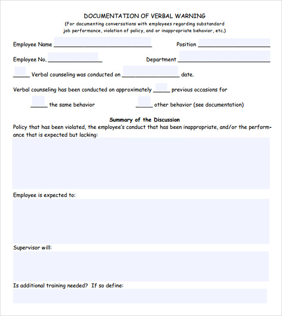 Sample Verbal Warning Template 6+ Documents in PDF