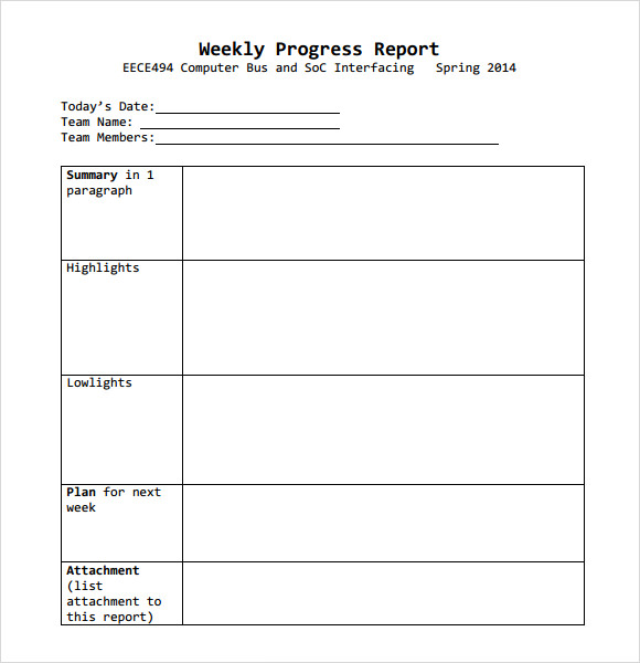 Middle School Weekly Progress Report Template