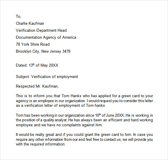 Employment Letter Template For Visa
