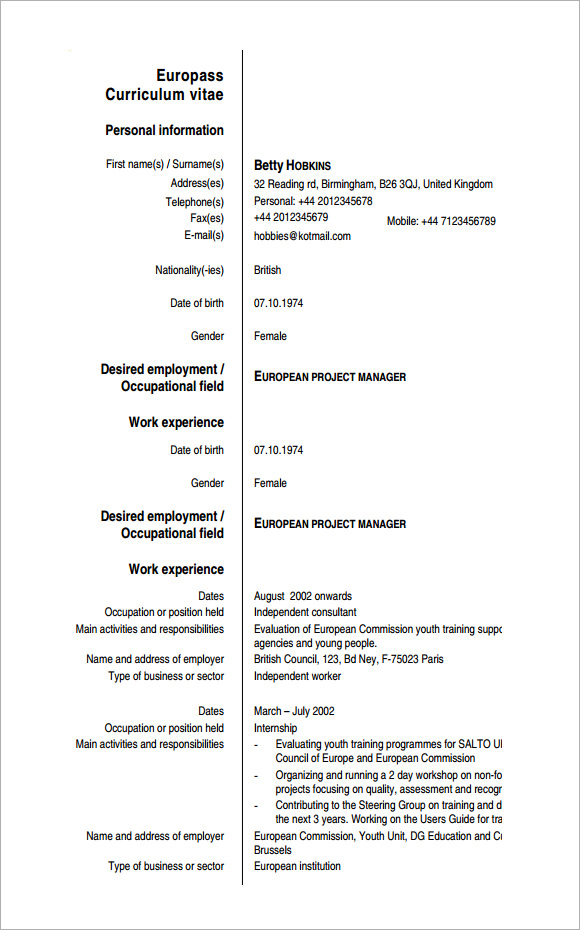 FREE Sample Europass Curriculum Vitae Templates In PDF MS Word