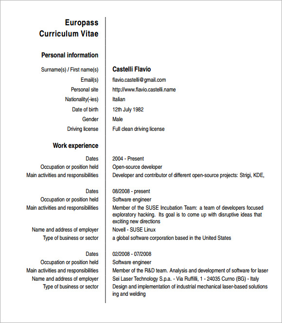 Europass Curriculum Vitae - 7+ Download Documents in PDF | Sample Templates