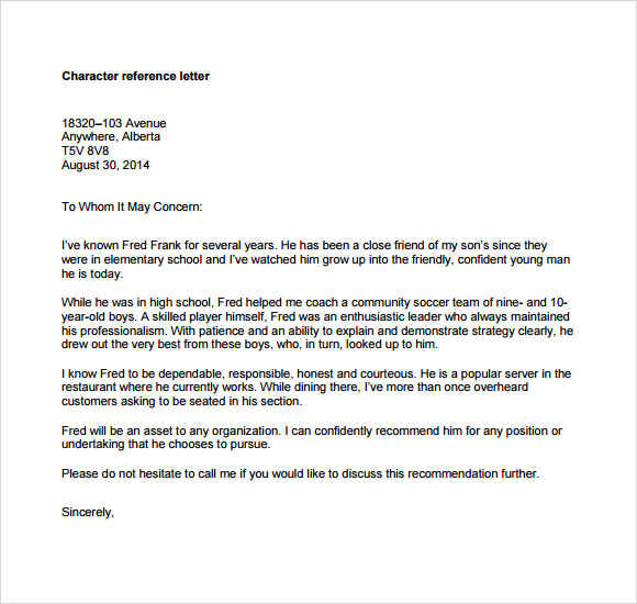 Sample Character Reference Letter Template 6 Documents In PDF Word