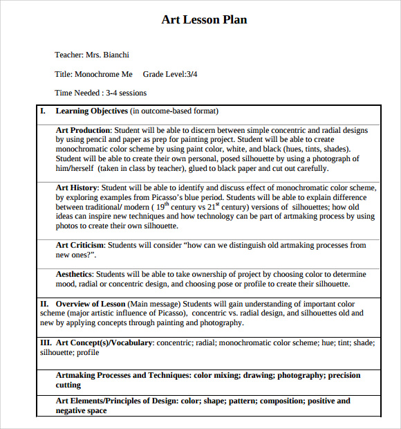 Sample Art Lesson Plans Template - 7+ Free Documents in PDF