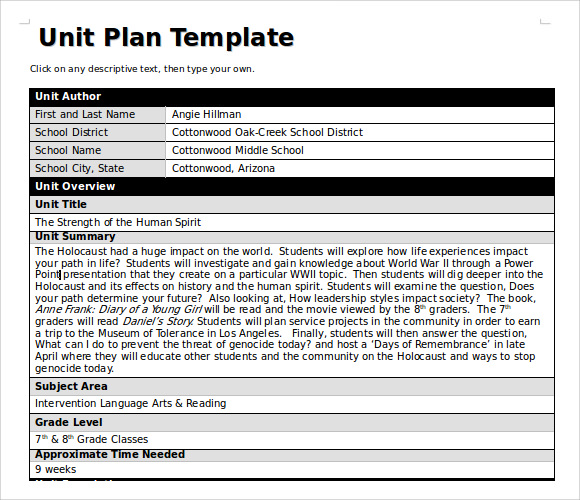 Sample Unit Lesson Plan Template - 8+ Free Documents in PDF , Word