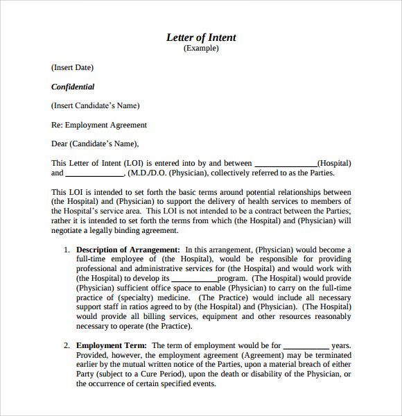 letter of intent for employment contract letter of intent
