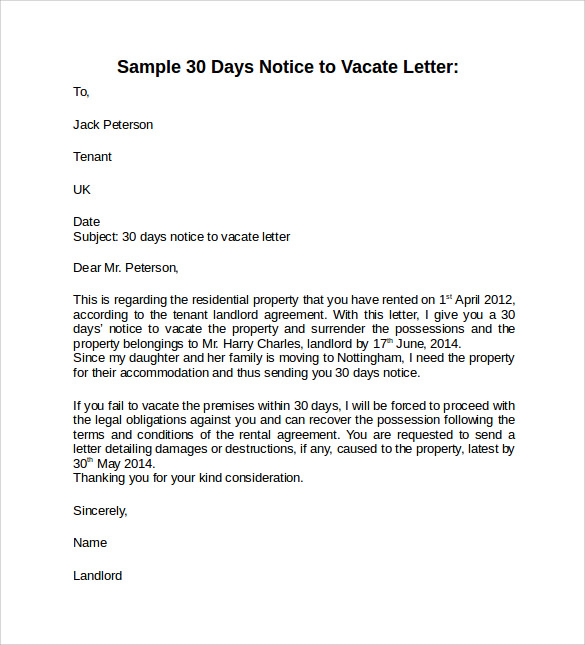 30 Day Notice Letter Examples