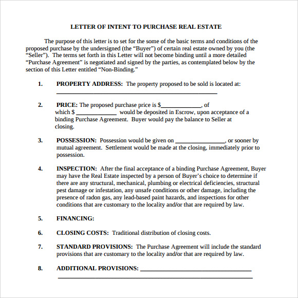Real Estate Purchase Letter Of Intent Template