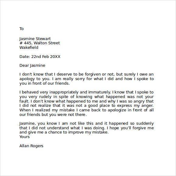 Letter of Apology to a Friend