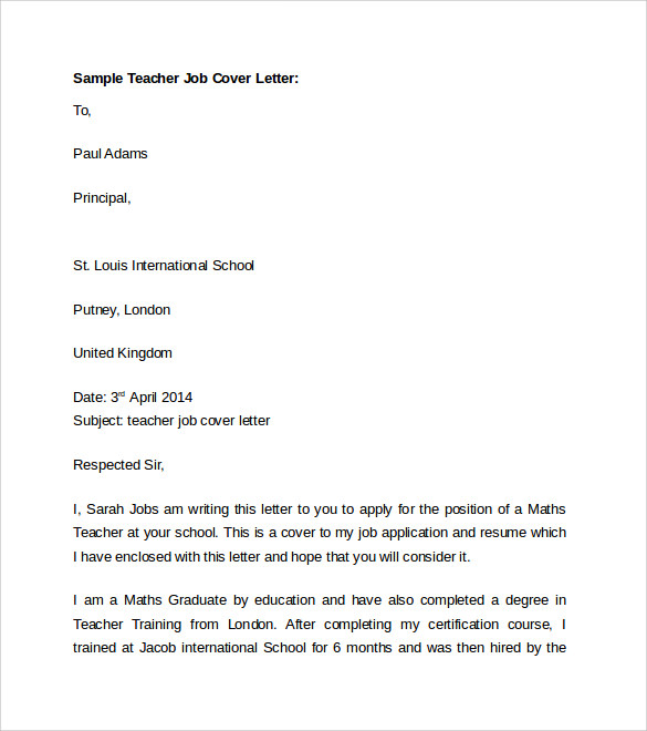 Application for School Teacher Job | DocumentsHub Com