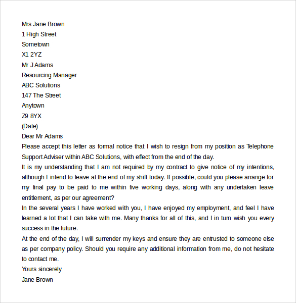 Sample Resignation Letter No Notice 7 Free Documents In Pdf Word