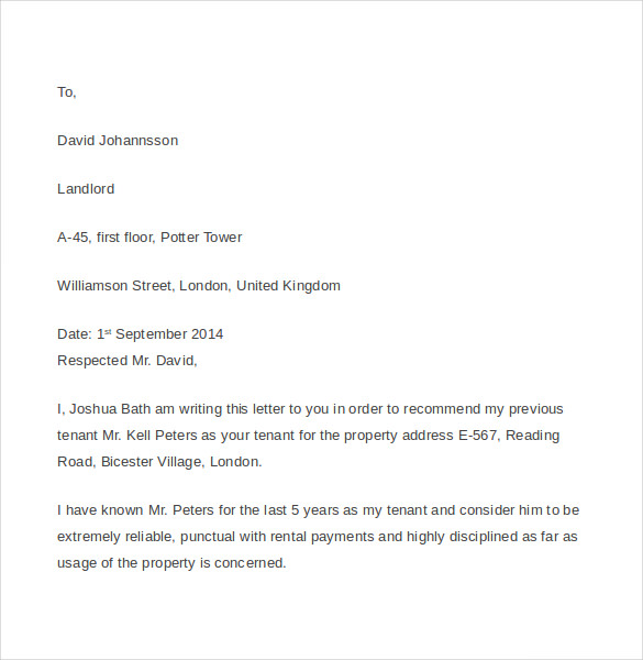 Free Tenant Reference Letter Templates In Pdf Ms Word