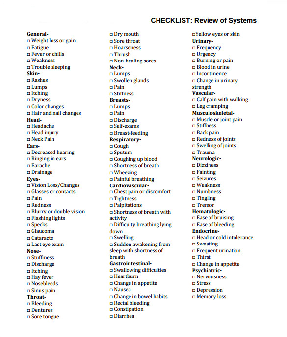 review of systems form