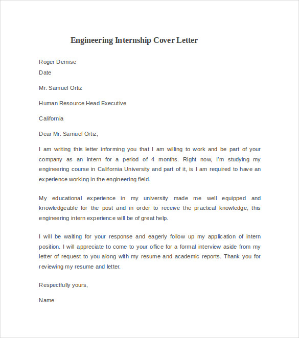 cover letter engineering internship