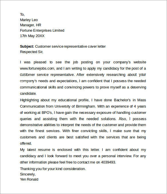 Customer Service Representative Cover Letter