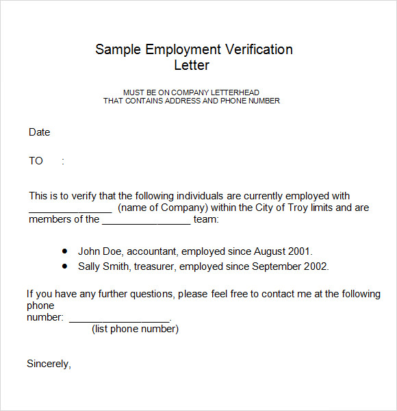Verification Of Employment Letter Template Word