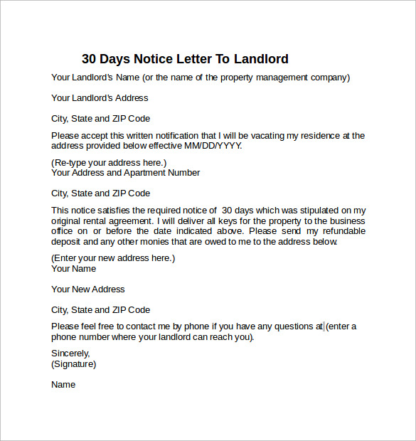 Free Sample Days Notice Letters To Landlord In Pdf Ms Word Pages Google Docs