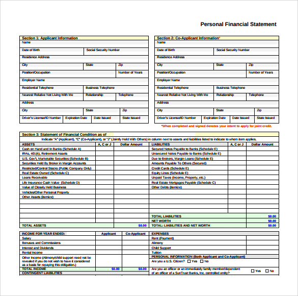Personal financial statement   first chatham