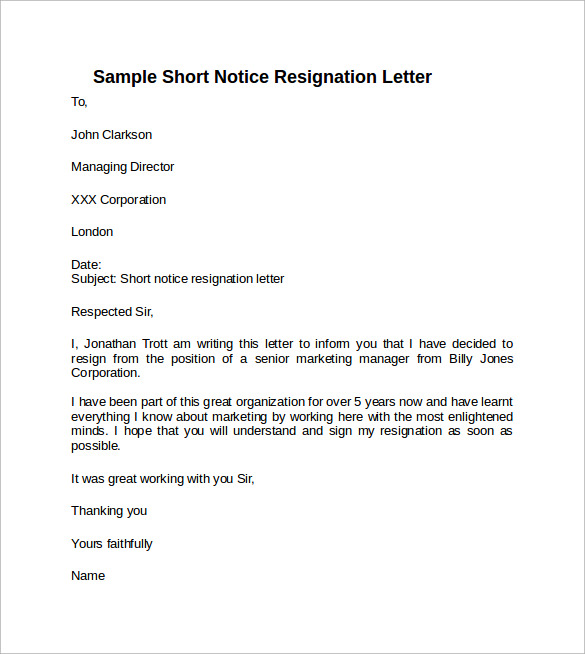 sample resignation letter short notice 6 free documents