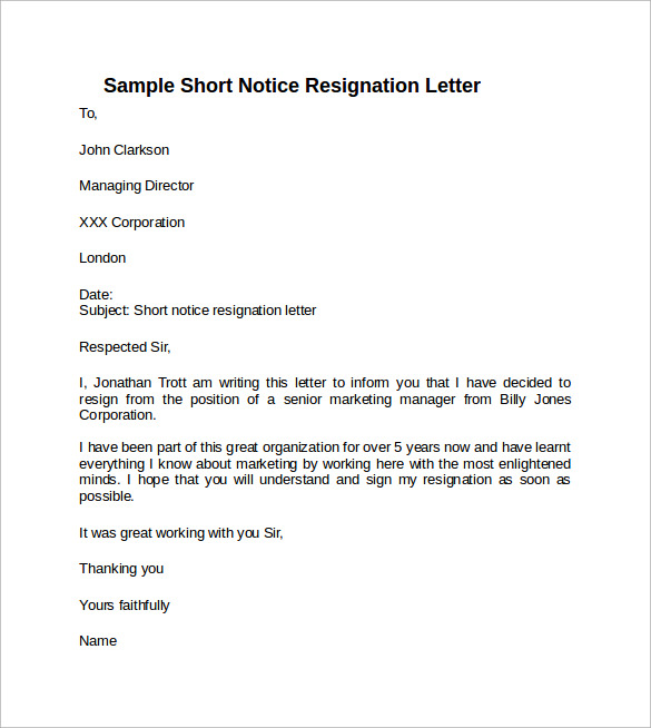 Sample Resignation Letter Short Notice 6 Free Documents Download In 