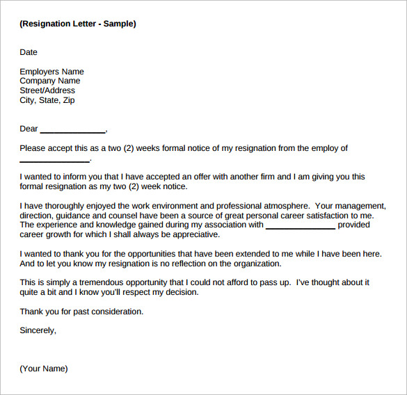 resignation letter short notice 8 download free