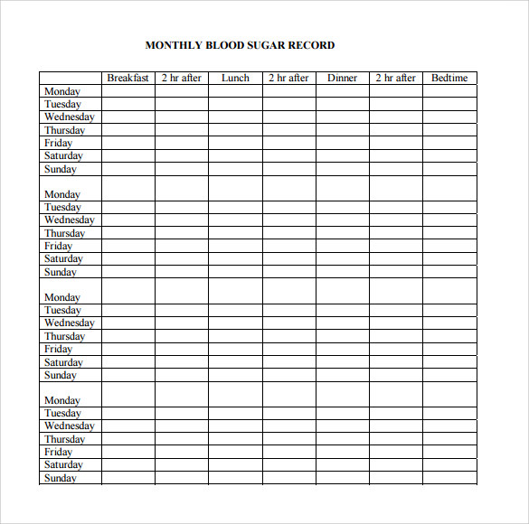 Monthly Printable Blood Glucose Chart