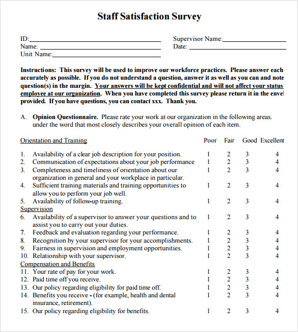 Employee Satisfaction Survey Templates 7 Samples , Examples , Format