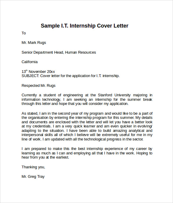 Sample IT Internship Cover Letter Template