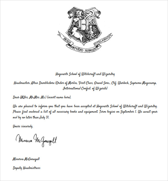 Hogwarts Acceptance Letter