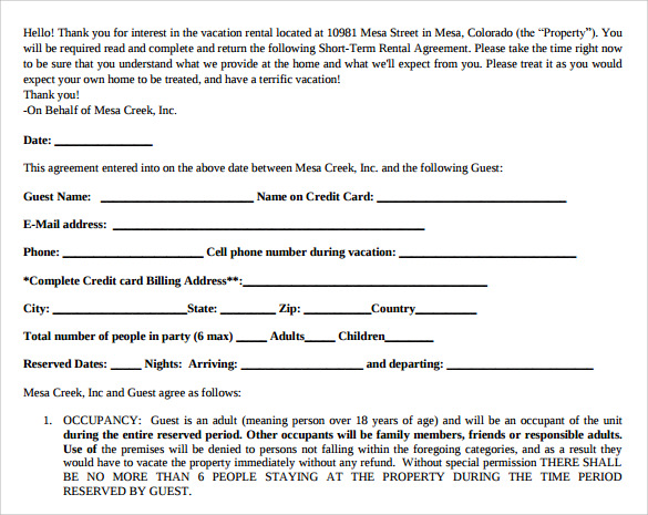 Simple Short Term Rental Agreement