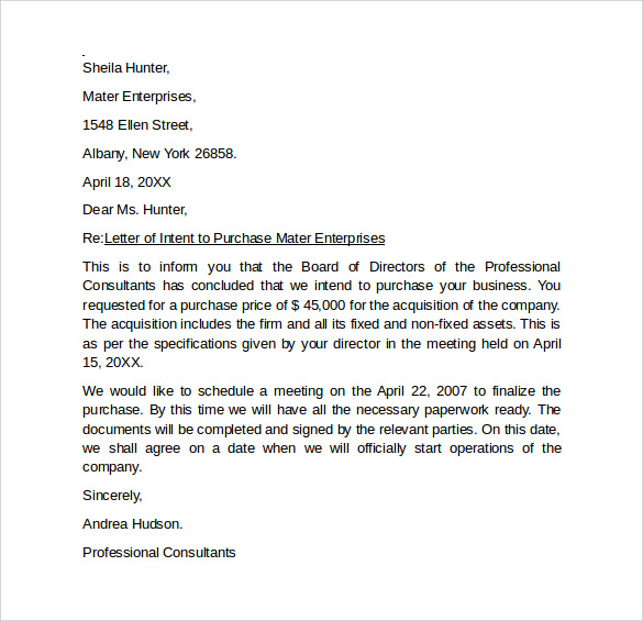 Letter Of Intent to Purchase Business 8  Free Samples Examples Formats