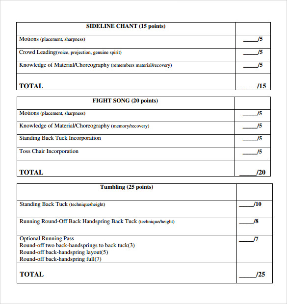 Sample Cheer Leading Tryout Score Sheet Samples , Examples & Format 7