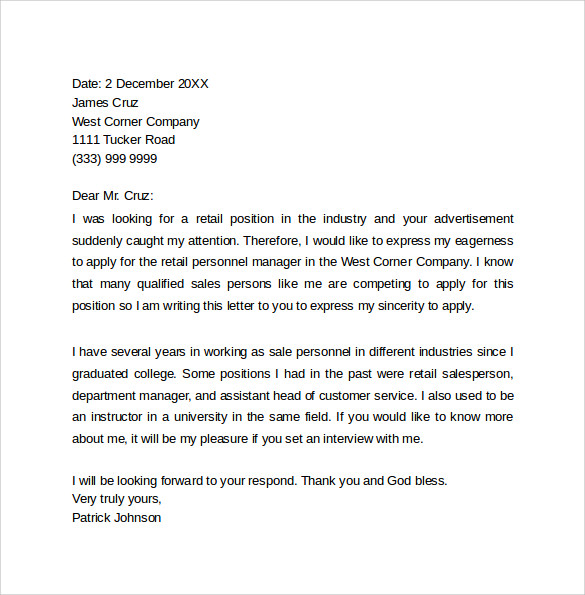 Sample retail sales cover letter