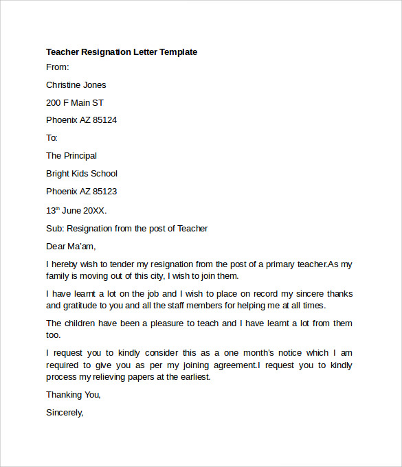 Teacher Resignation Letter Format Pdf