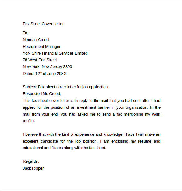 What does a cover letter for a fax look like