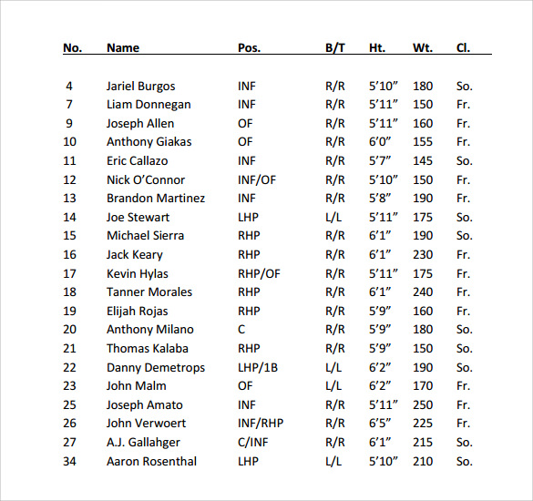 Sample Baseball Roster Template 9+ Free Documents in PDF , Word , Excel