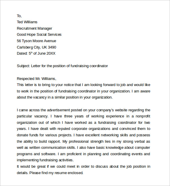 sample cover letter for fundraising coordinator