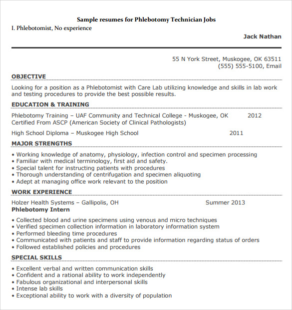 Entry Level Phlebotomy Resume Sample