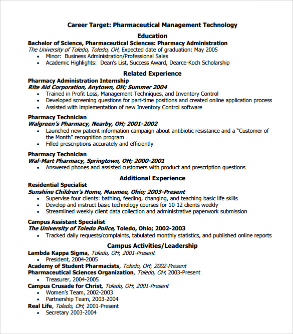 standard resume format for pharmacist