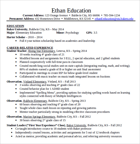 Elementary Teacher Resume 12 + Download Free Documents in PDF, Word