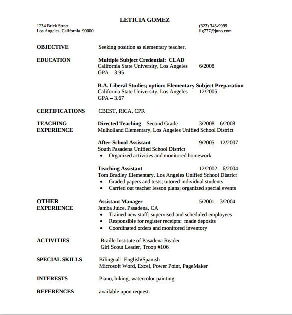 Teacher resume elementary