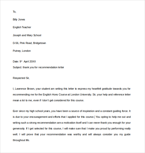 Thank You Letter for Recommendation - 9+ Download Free Documents in PDF