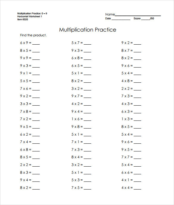 Horizontal Multiplication 1 5 Worksheets