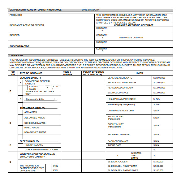 Certificate Of Liability Insurance Template