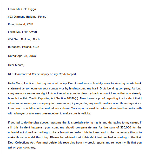 Credit Hard Inquiry Removal Letter Template