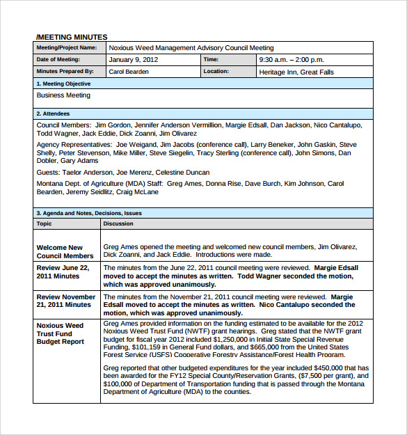 Project Meeting Minutes Template 9+ Download Free Documents in PDF, Word