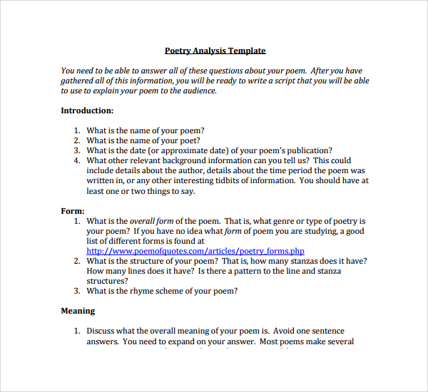 Sample Poetrys Analysis Template 9 Free Documents In Pdf 6581