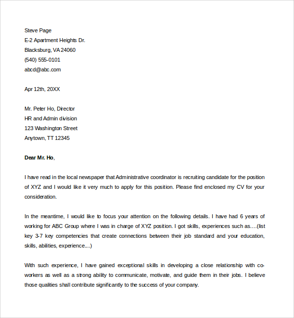 sample administrative coordinator cover letter 8 free