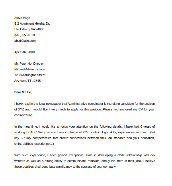 Sample Administrative Coordinator Cover Letter - 8+ Free ...