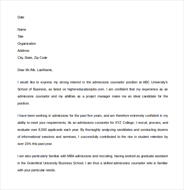 sample admission counselor cover letter 5 free